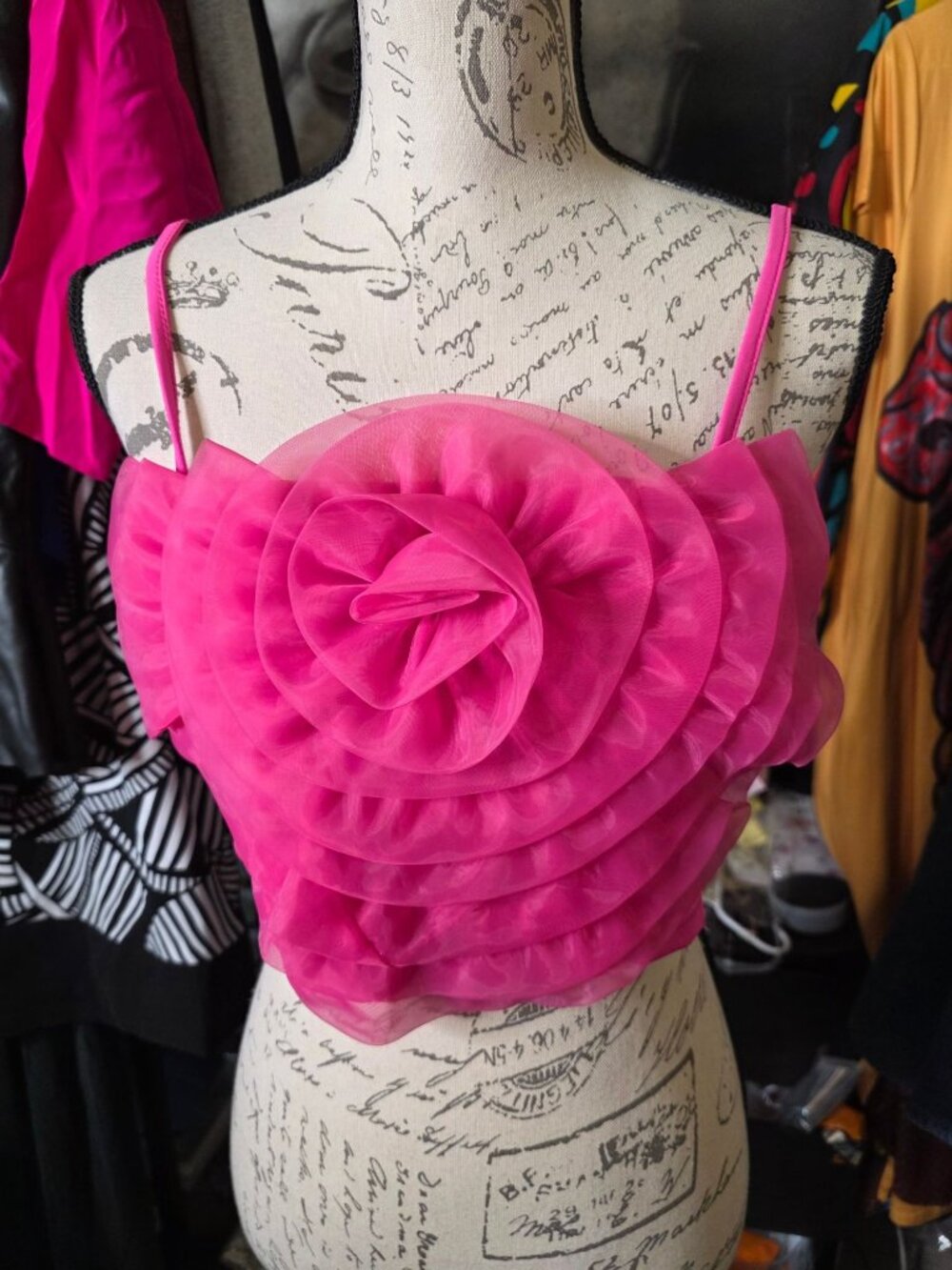 Pink Ruffled Floral Crop Top With Adjustable Spaghetti Straps - Womens Large